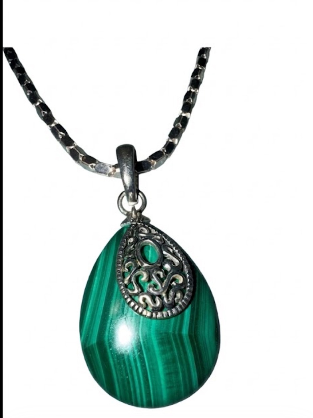 Sterling silver Green Malachite Teardrop Pendant Necklace
